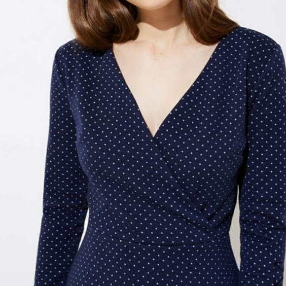 LOFT Navy Geo Dot Jacquard V-neck Long Sleeve Knit Wrap Dress - Picture 7 of 8